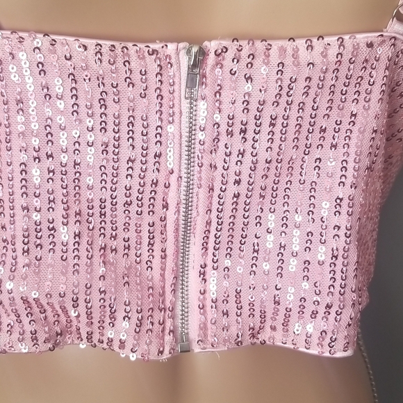 BOHO Glam Pink Sparkle Sequin Crop Top with Jewelled Fringe SZ L - Picture 12 of 17